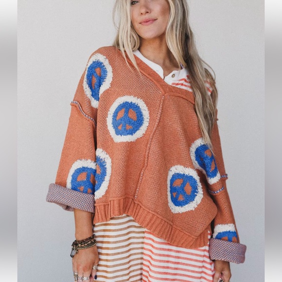 POL Orange Sweater Blue & White Peace Symbols S NEW Peaceful Vibes 3 Bird Nest - Picture 7 of 13